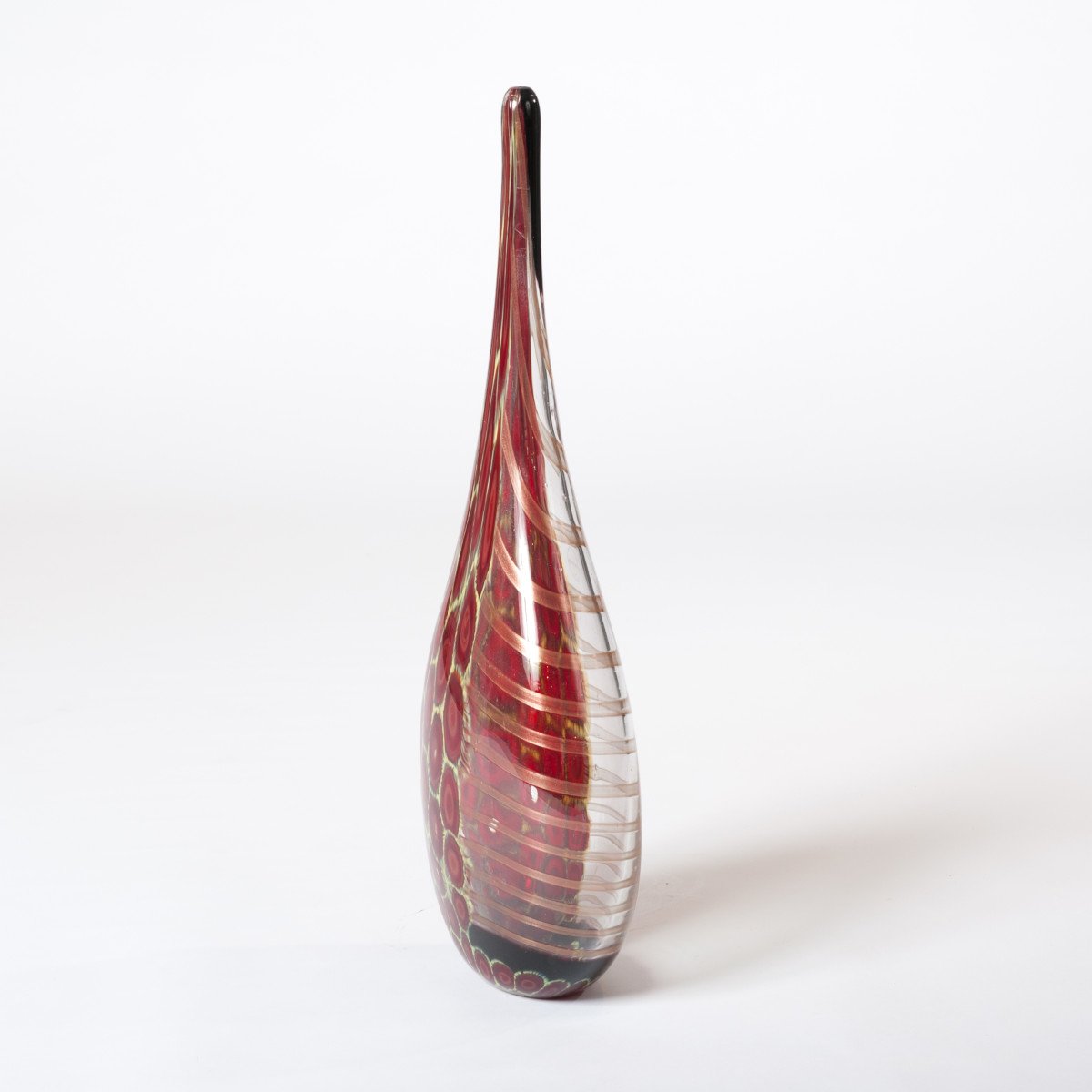 Elegant And Tall Bottle-shaped Murano Glass Vase Clear Glass, Dark-red And Yellow-photo-3
