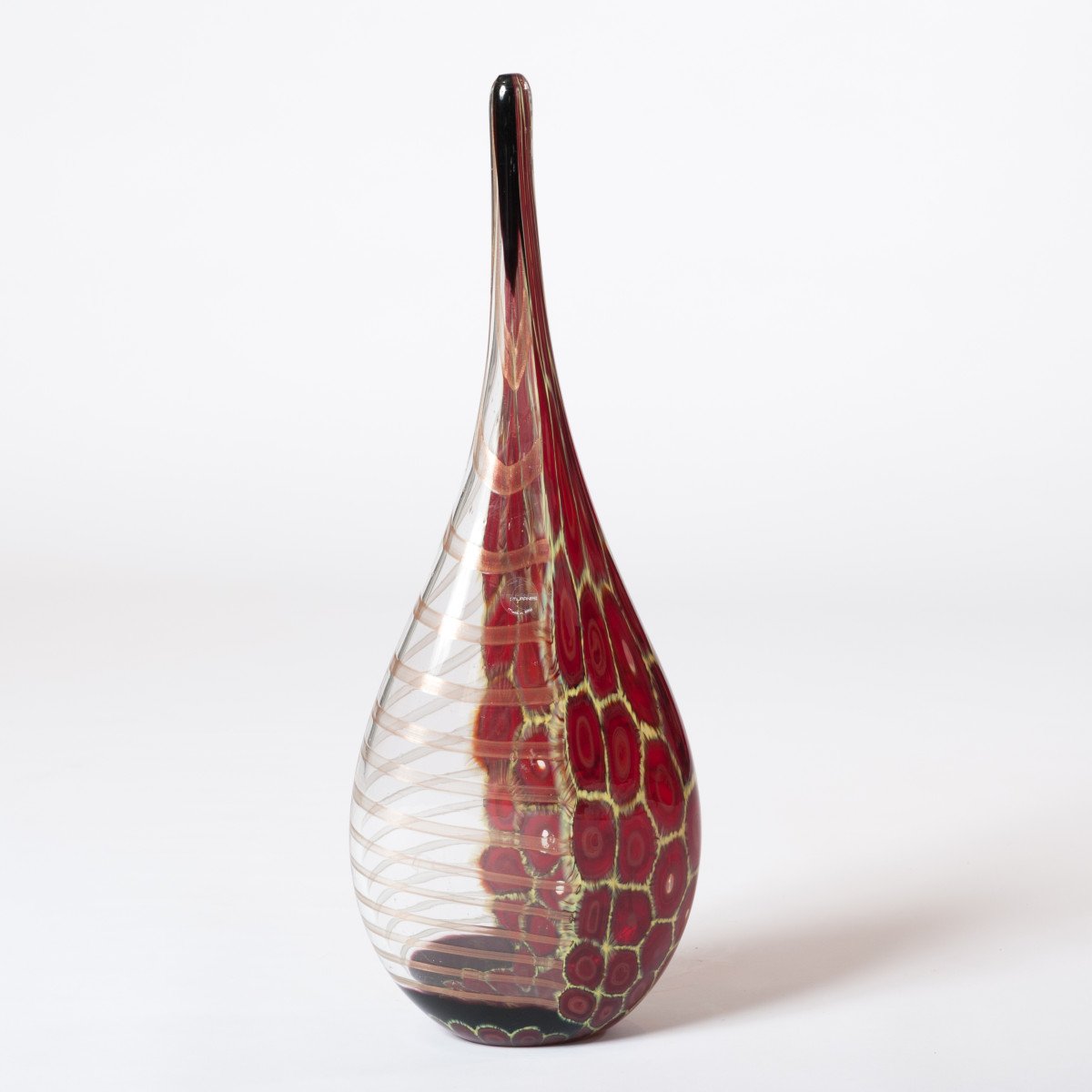 Elegant And Tall Bottle-shaped Murano Glass Vase Clear Glass, Dark-red And Yellow-photo-4