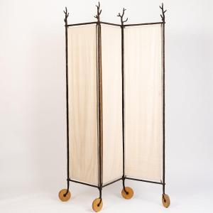 Mid-century Room Divider - Screen In Iron With Linen By St. Herzog Munich 1990s