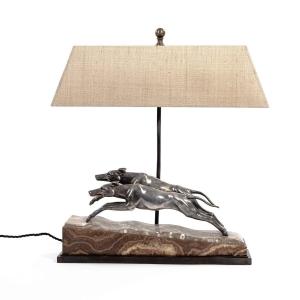 French Art Déco Greyhound Table Lamp Bronze Silvered On Marble Base 1930s
