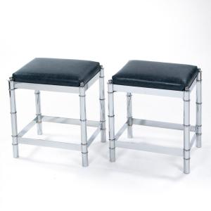Pair Of Italian Bambou Stools In Chromed Metal With Vintage Leather 1970s
