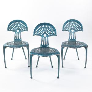 3 Spanish Turquise Aluminium Vintage Chairs By Oscar Tusquets Blanca 1980s