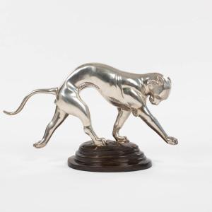 French Art Deco Panther Sculpture In Dynamic Movement Cast Bronze Silvered 1920s