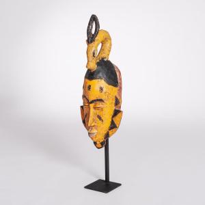 Mid-century Baoule Tribal Mask In Yellow-black With Antelope Head Decoration