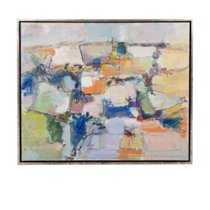 Abstract Painting "fin Du Jour" In Friendly Orange-blue Colors By Michel Puchala