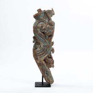 Architectural Wooden Sculpture Original Green-turquoise Paint India 18th Century