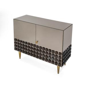 Italian Studio Made Cabinet Taupe-brown Mirrored With Bronze Opal Glass Stones