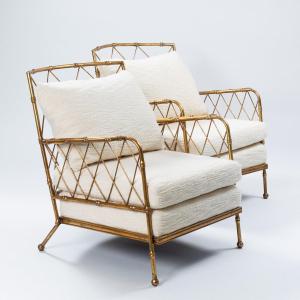 Pair Of Faux Bamboo Armchairs In Gilded Iron, White Linen, 1980s