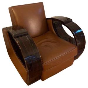 Art Deco Cubic Armchair - Club Armchair Macassar Wood Veneer - Leather 1930s