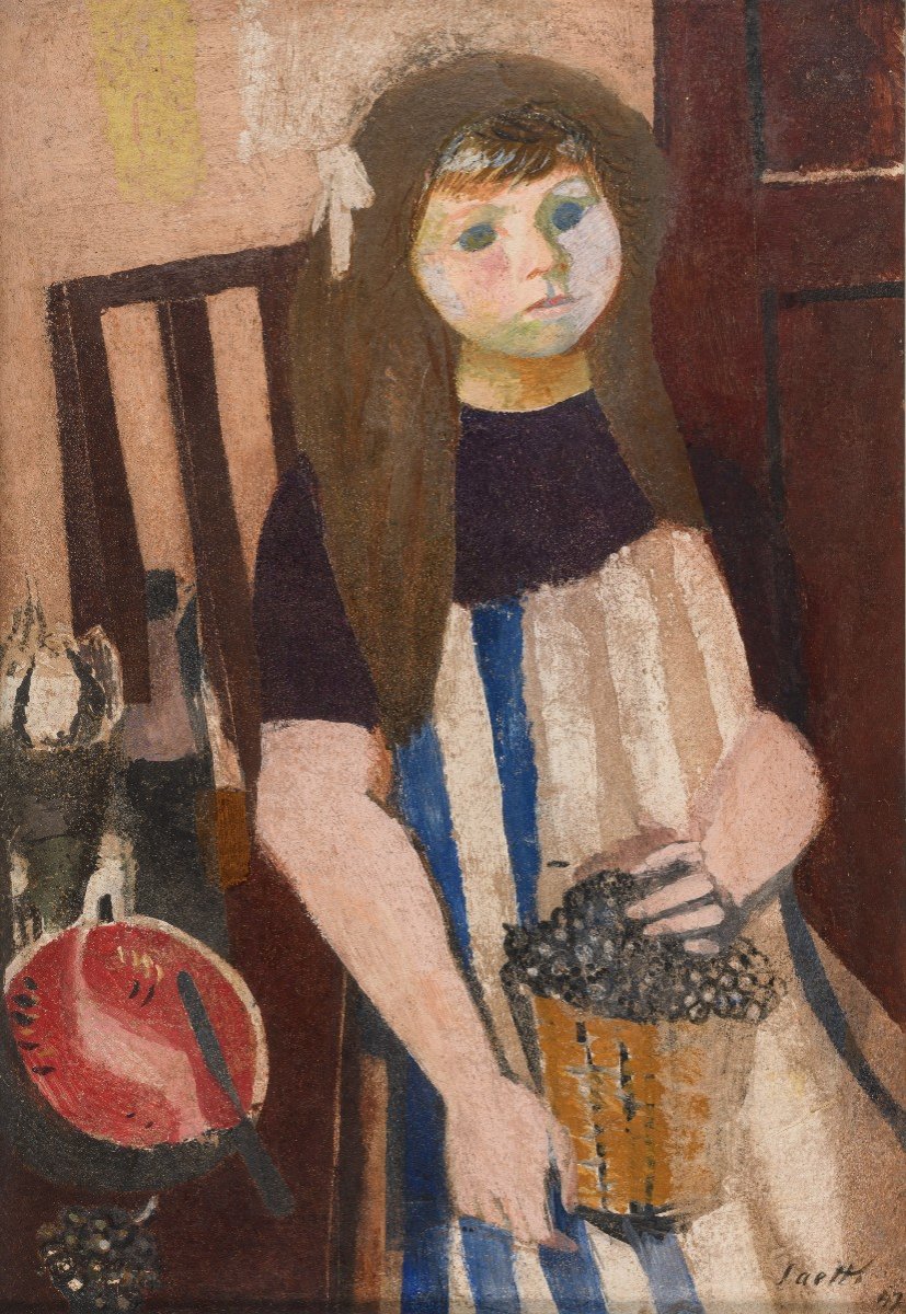 Bruno Saetti (bologna 1902 – 1984), girl With A Basket Of Grapes (1947)