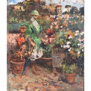 Vincenzo Irolli (Naples 1860 – 1949), Luisella Longo Courmes sur sa terrasse à Capodimonte