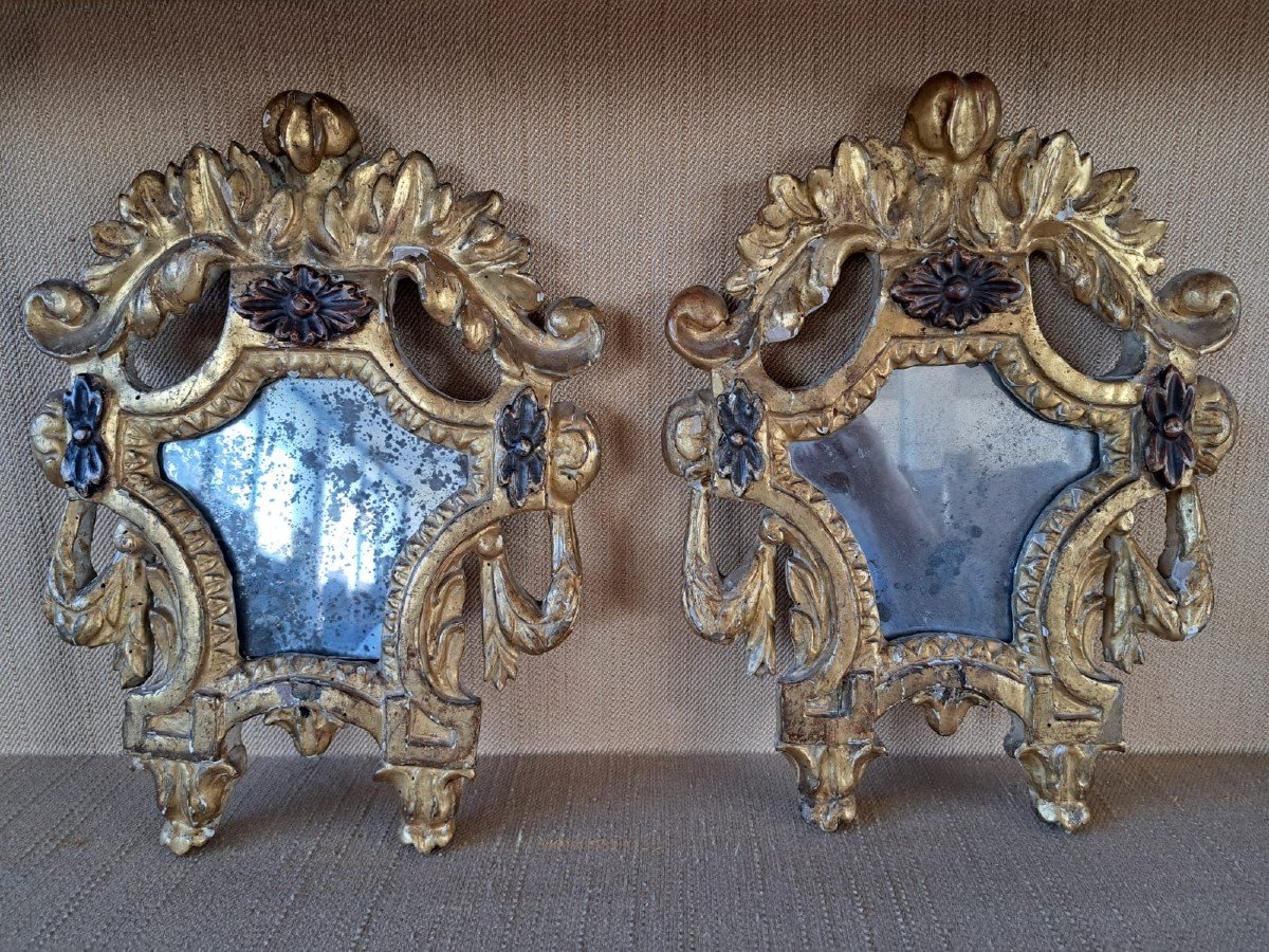 Paire De Petits Miroirs Dorés Et Mécaniques Du 18ème Siècle-photo-4