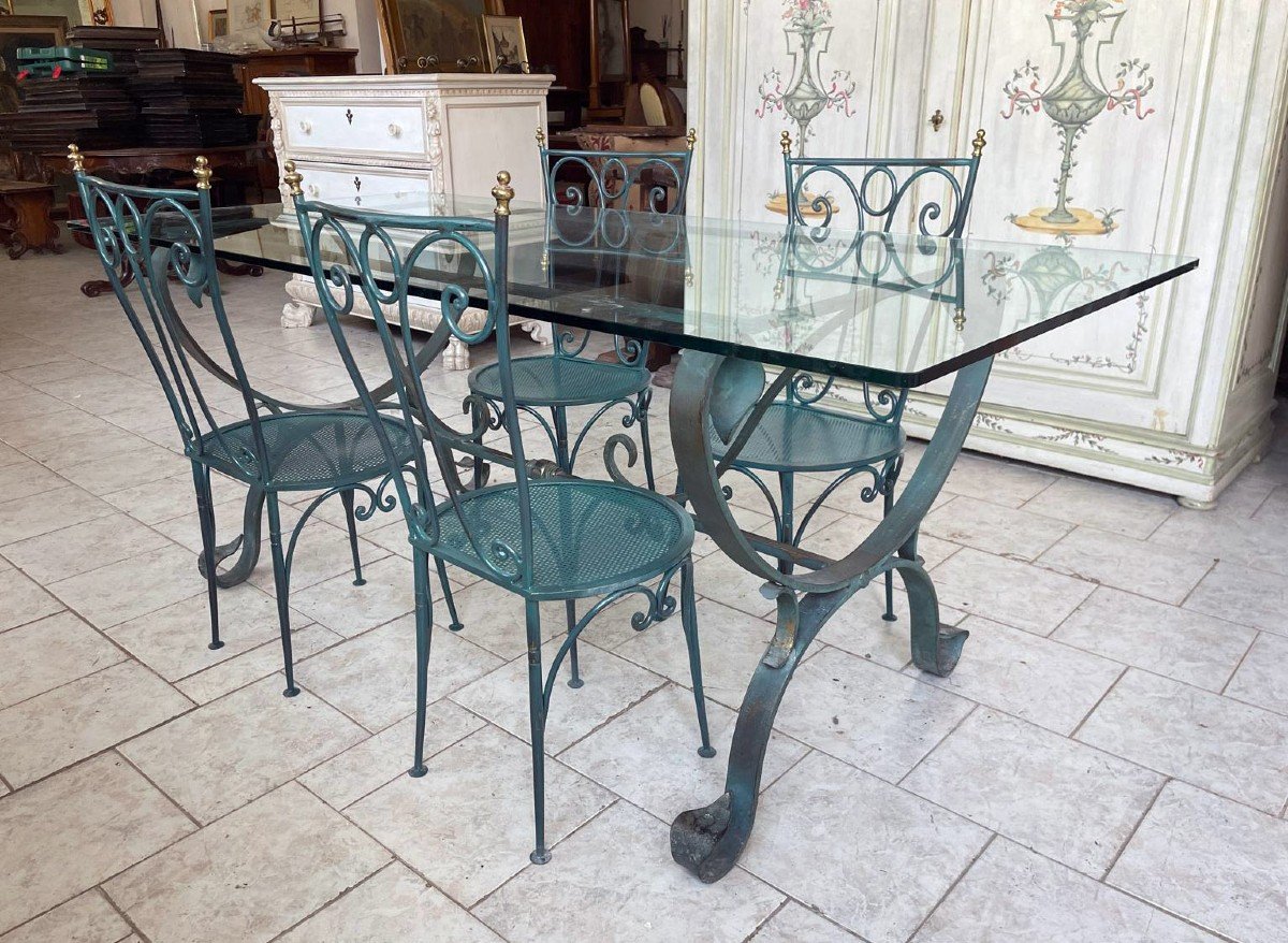 Wrought Iron And Crystal Table With Four Iron Chairs-photo-1