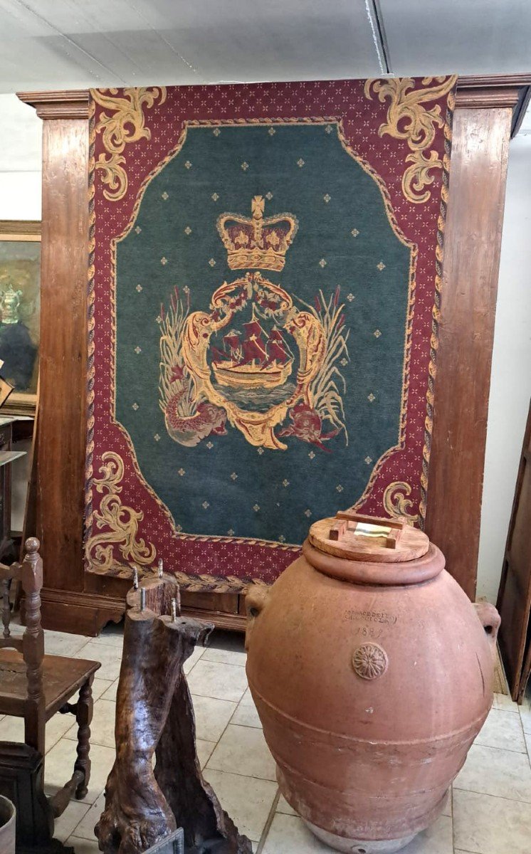 Large Tapestry With Imperial Coat Of Arms, Sailing Ship And Mythological Fish.-photo-2