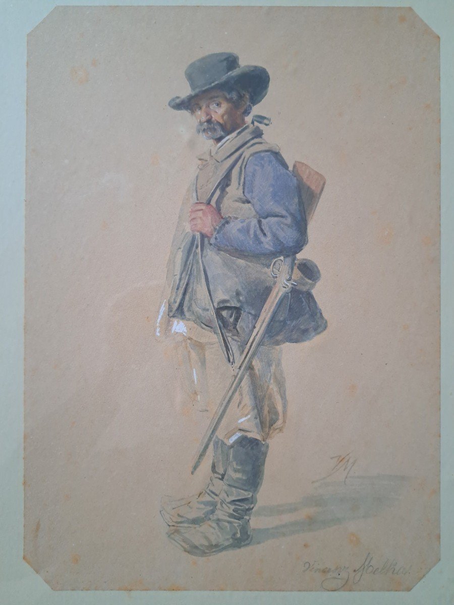 Vincenz Melka, Man With Gun, Watercolor On Paper