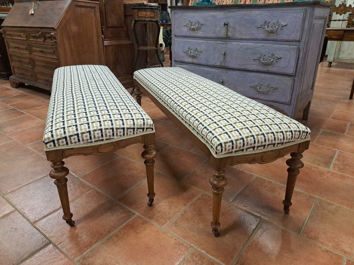 Pair Of Walnut Upholstered Benches-photo-3