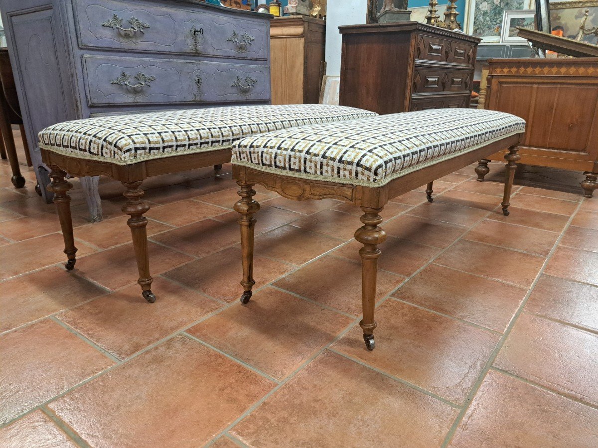 Pair Of Walnut Upholstered Benches-photo-3