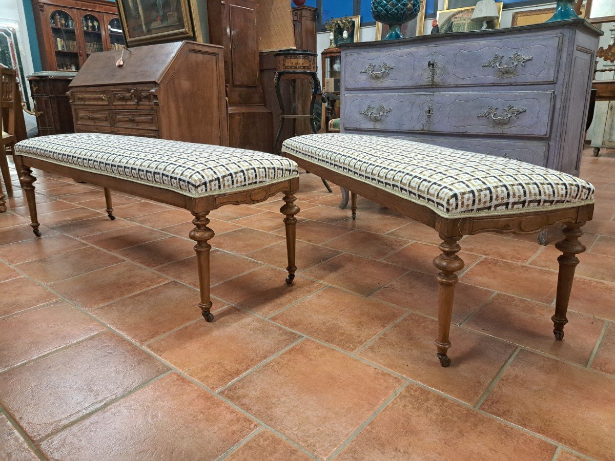 Pair Of Walnut Upholstered Benches-photo-5