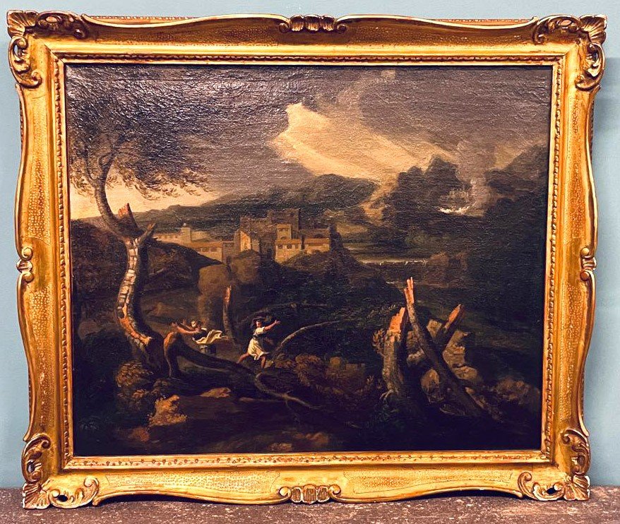 Landscape With Thunder And Figures, Oil On Canvas Of The '700, Roman School