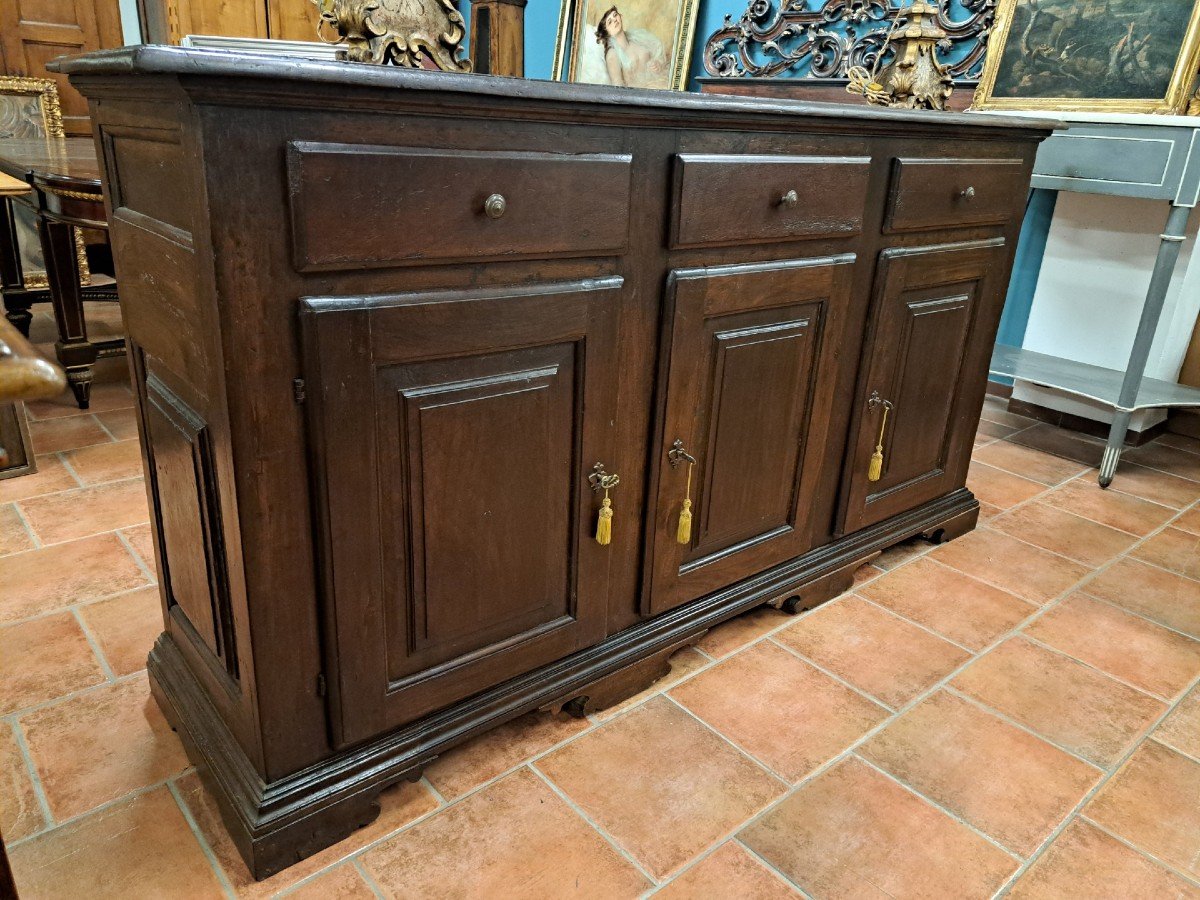 Walnut Sideboard Of The '700 With Three Doors And Three Drawers, Piedmont.-photo-1