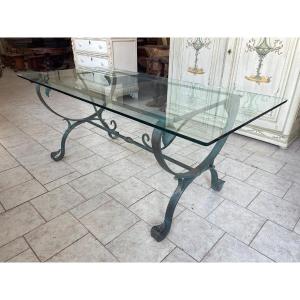 Wrought Iron And Crystal Table With Four Iron Chairs