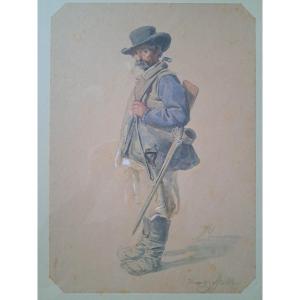 Vincenz Melka, Homme Avec Fusil, Aquarelle Sur Papier