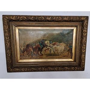 Peinture Anglaise Du XIXe Siècle Avec Chevaux Et Cavaliers