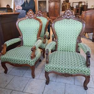 Group Of 4 Walnut Building Armchairs