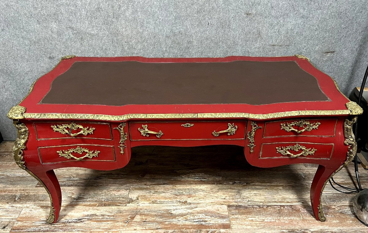 Monumental Louis XV Style Curved Center Desk In Red Lacquer-photo-1