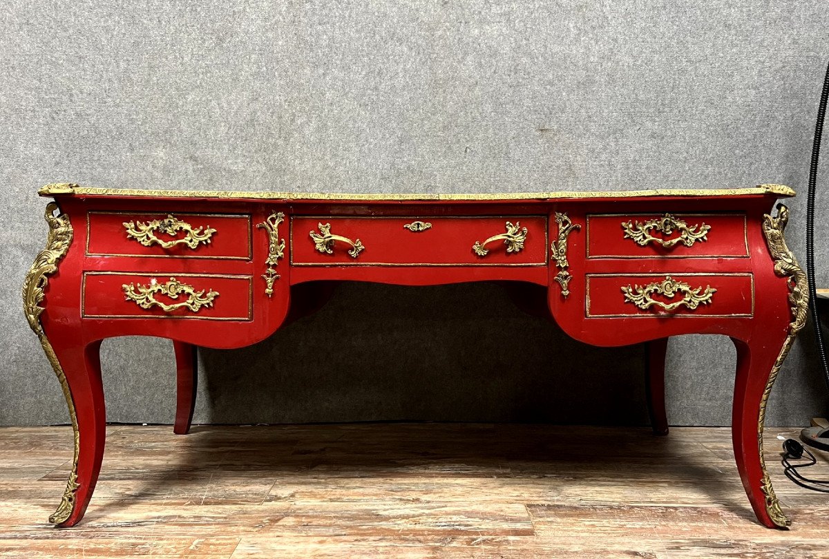 Monumental Louis XV Style Curved Center Desk In Red Lacquer