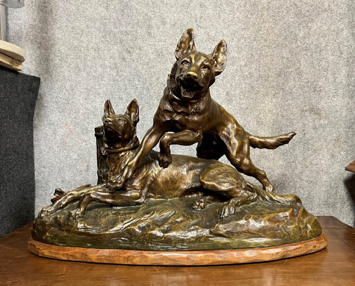 René André Varnier (xix-xx) : Important Groupe En Bronze Chiens à l'Affût (1923) 