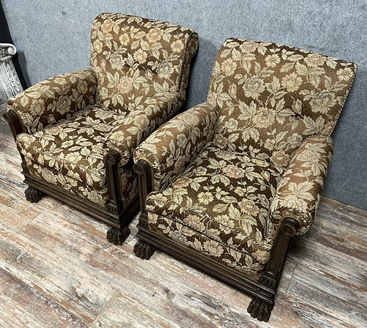 Pair Of Renaissance Style Armchairs (italy) In Solid Wood And Fabric-photo-1