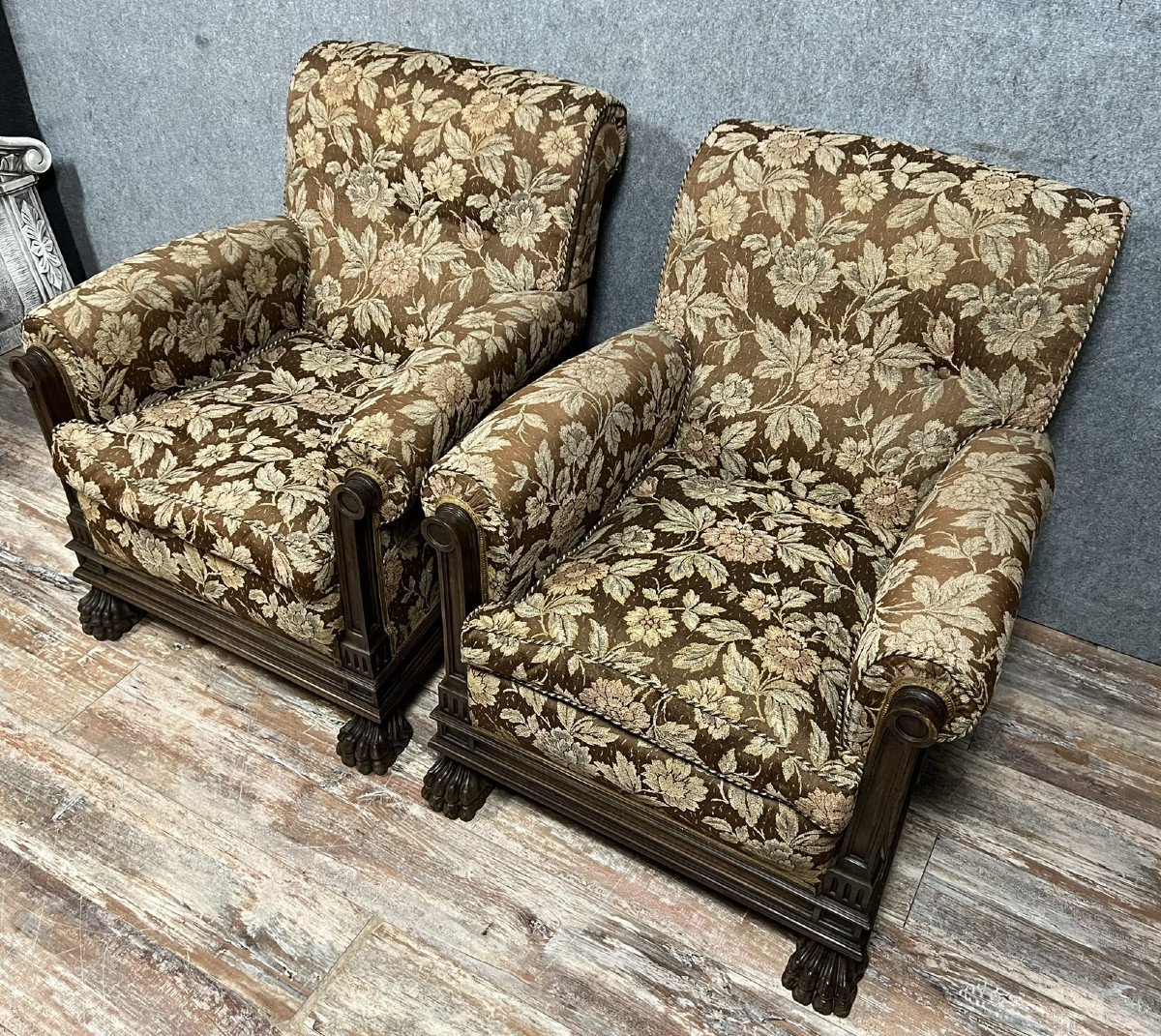 Paire De Fauteuils Style Renaissance (italie) En Bois Massif Et Tissu -photo-1