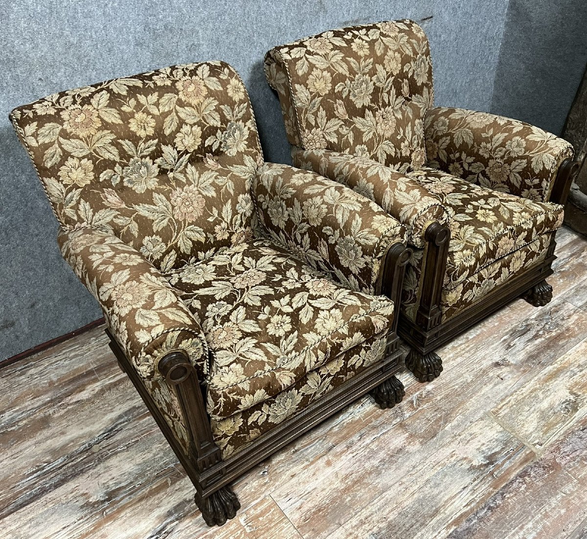 Pair Of Renaissance Style Armchairs (italy) In Solid Wood And Fabric-photo-4