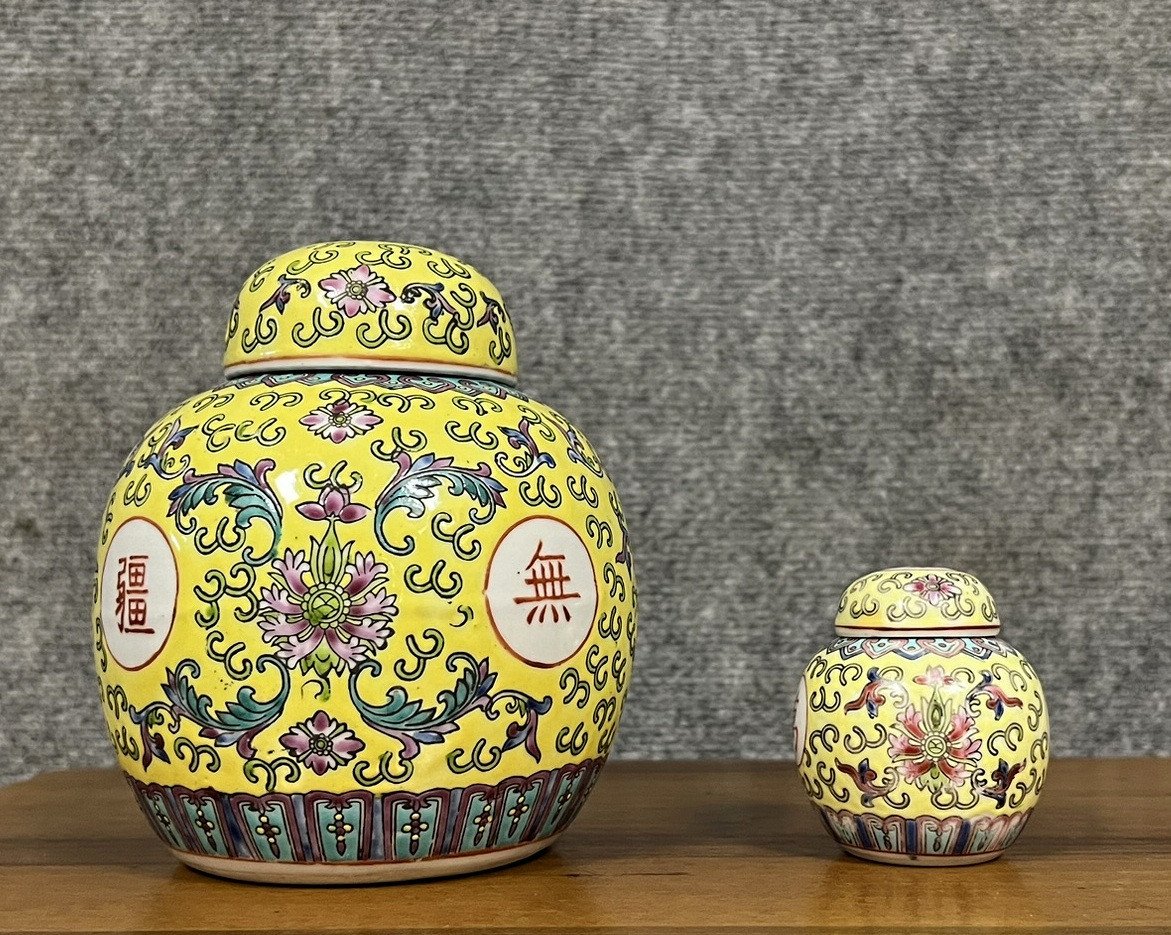 Deux Pots à Gingembre Chinois Vintage En Porcelaine à Décor De Fleurs Et Symboles 