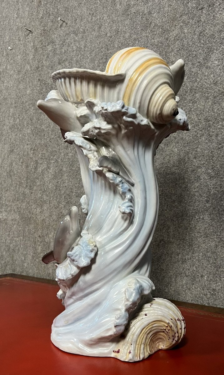 Important Vase Vintage Aux Dauphins Et Aux Coquillages En Porcelaine -photo-3