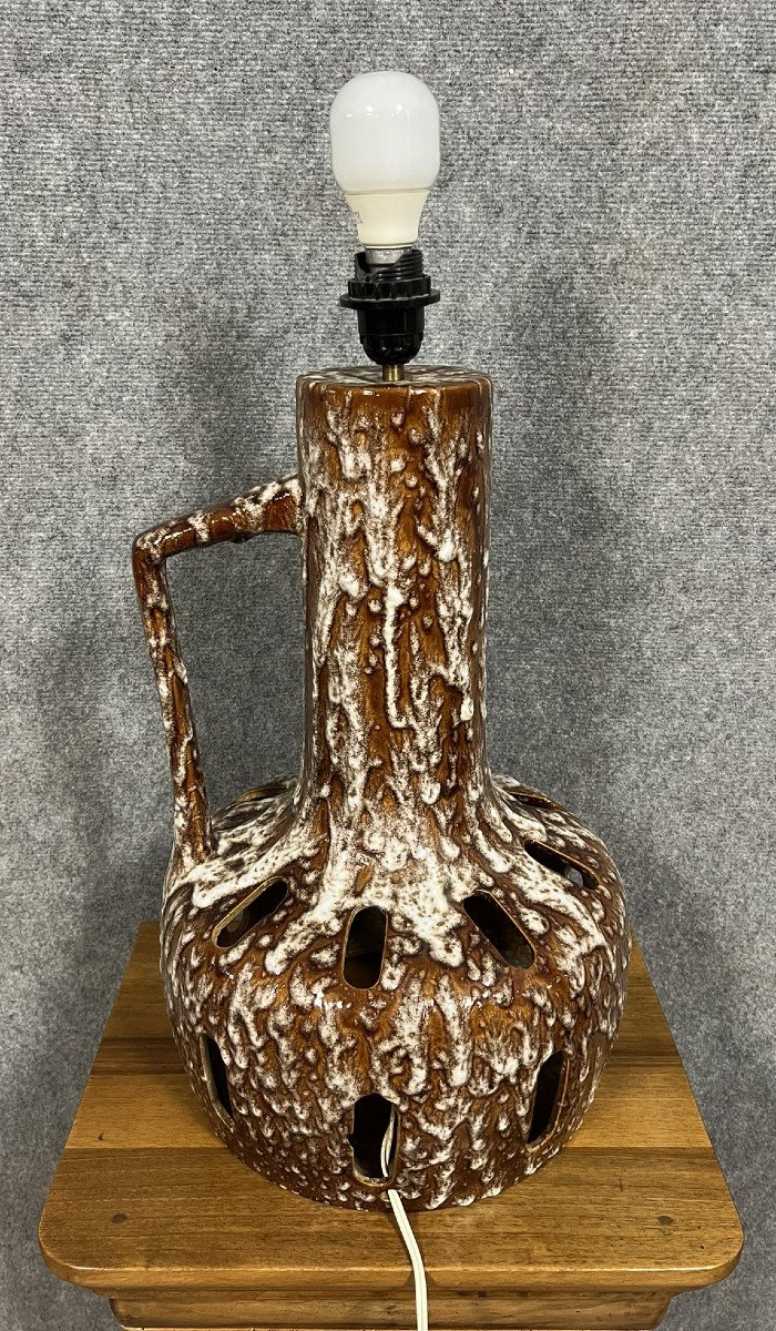 Large Vintage 70s Lamp In Brown Glazed Ceramic  -photo-6