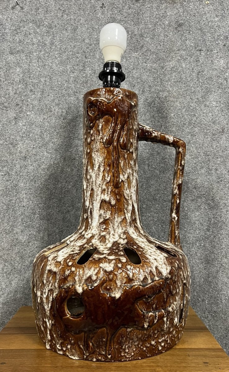 Large Vintage 70s Lamp In Brown Glazed Ceramic  