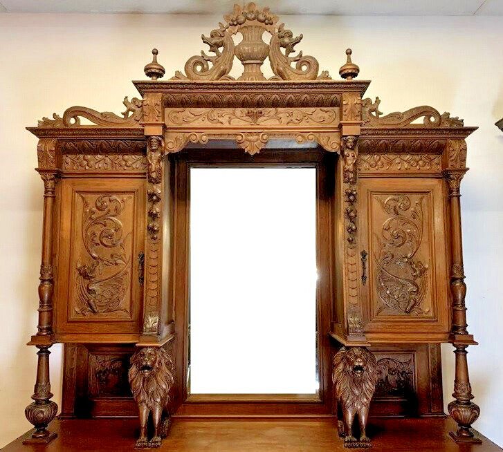 Monumental Buffet De Pavillon De Chasse Aux Lions Style Renaissance En Noyer / 282 x 200 cm-photo-1