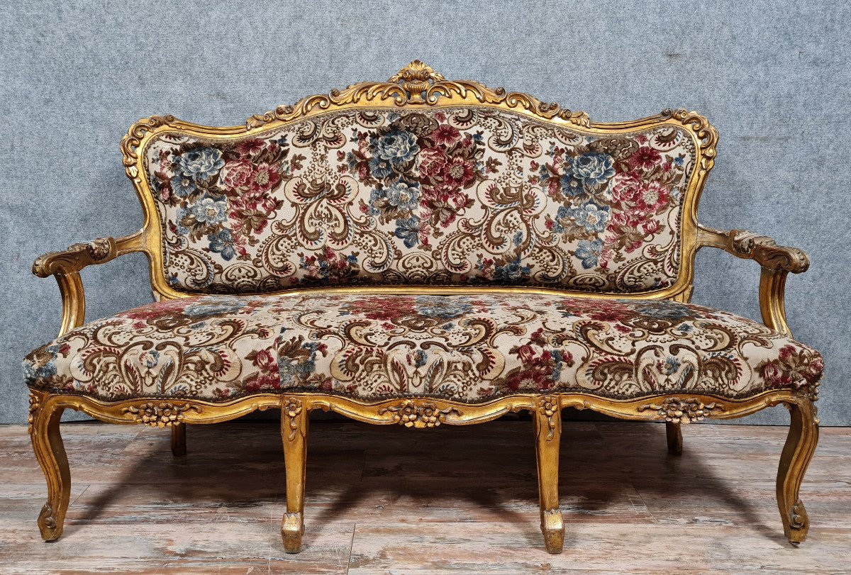 Importante Banquette Baroque De Style Louis XV En Bois Doré Et Sculpté 