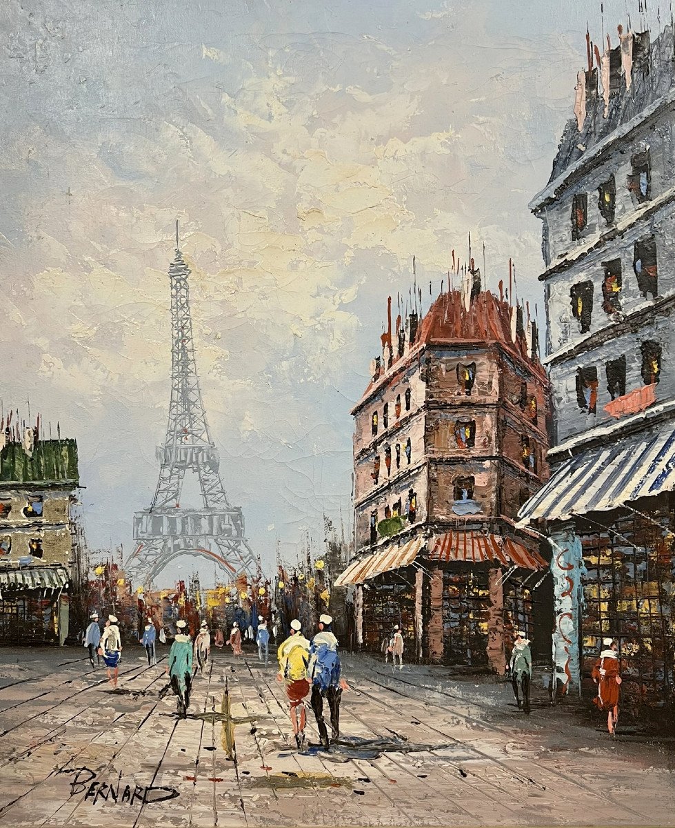 Bernard: Oil On Canvas View Of The Eiffel Tower In Paris -photo-6