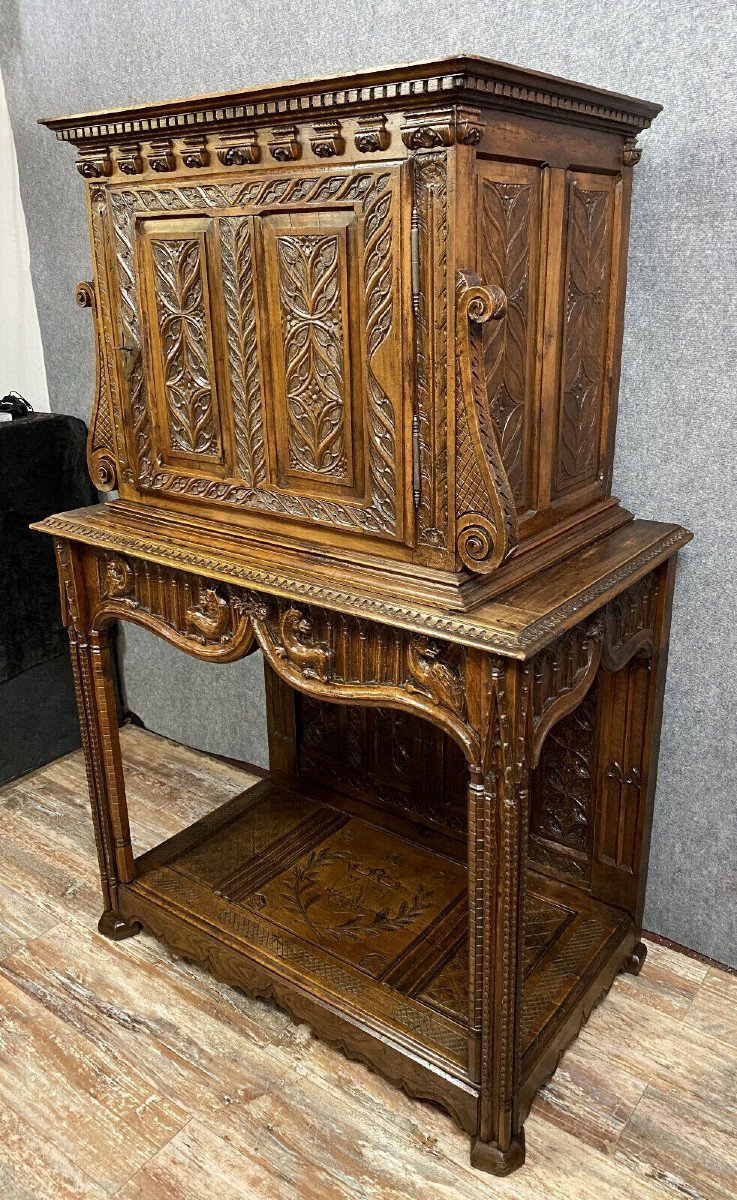 Cabinet Dressoir Style Renaissance Gotique En Noyer Massif-photo-2