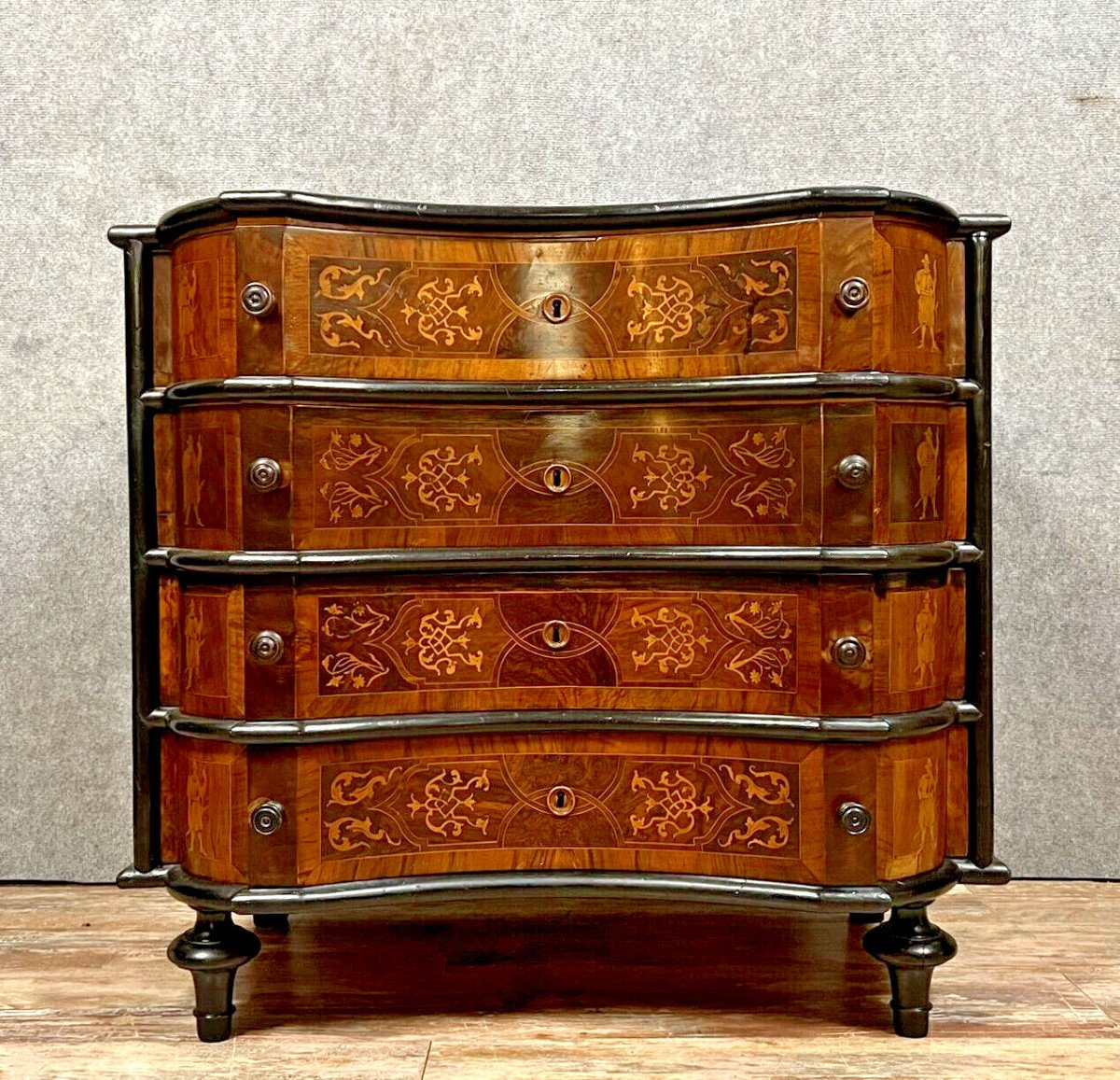 Baroque Louis XV Period Commode In Blackened Wood And Marquetry 