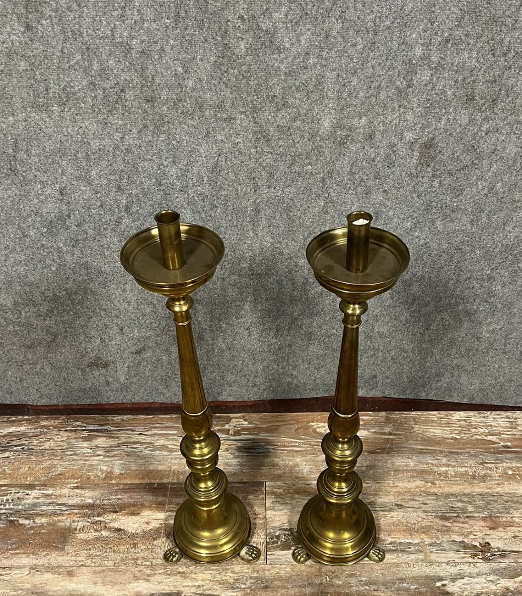 Large Pair Of Italian Candlesticks In Bronze And Brass, Late 18th Century-photo-1