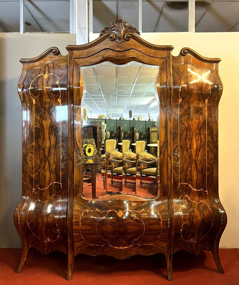 Large Curved Louis XV Style Venetian Wardrobe In Marquetry 