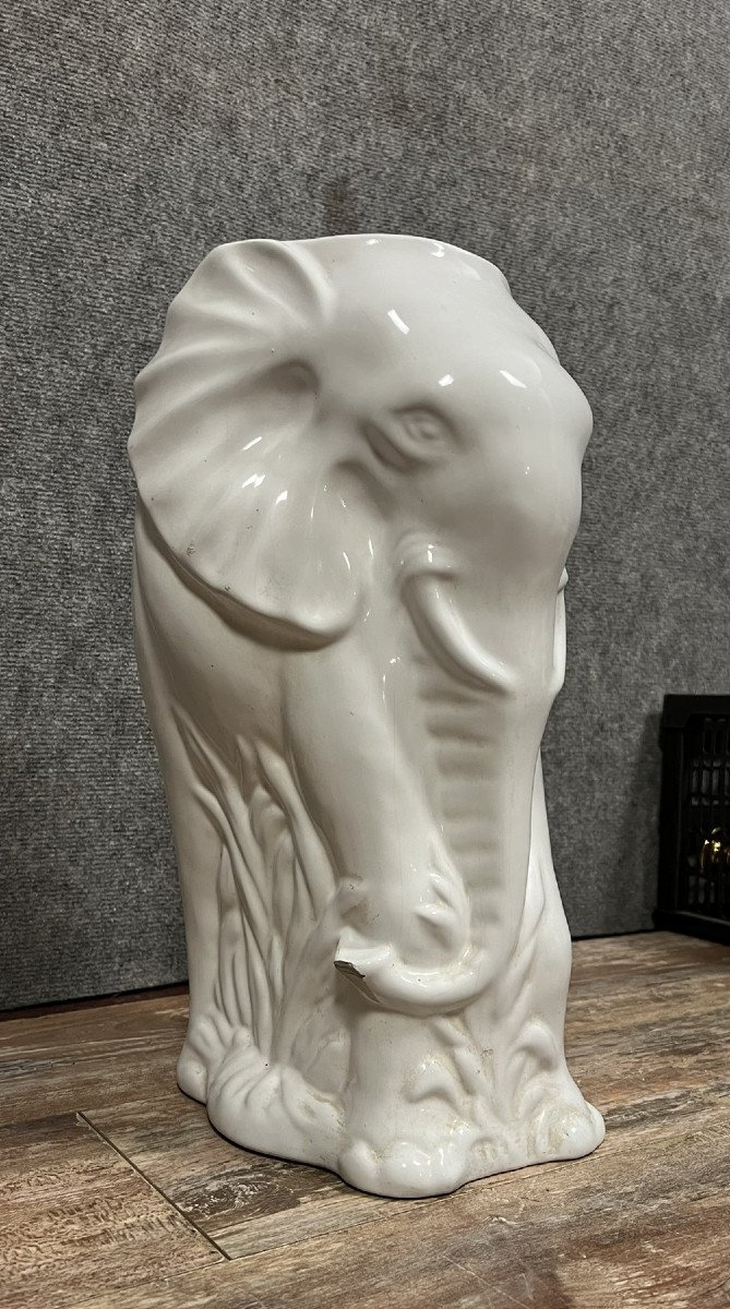 Grand Vase Vintage A l'éléphant En Céramique Blanche -photo-2