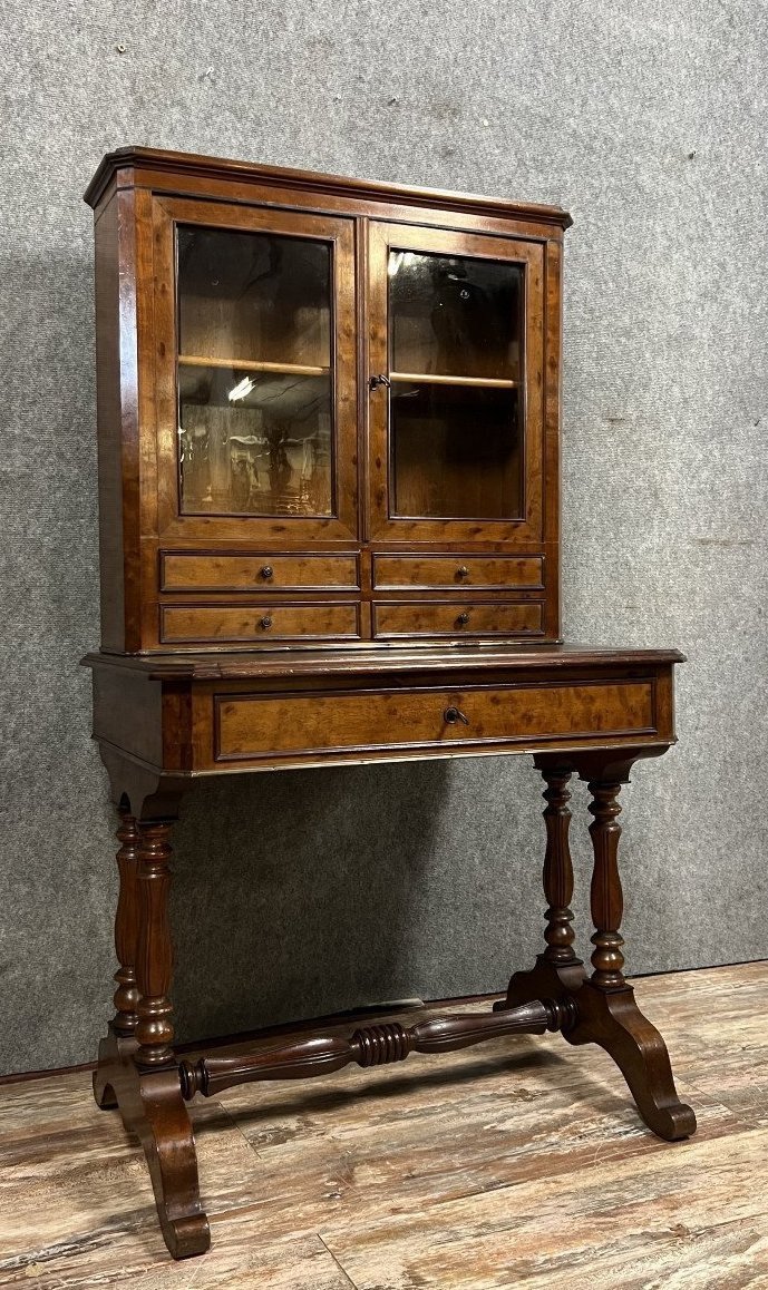 Desk Topped With A Restoration Period Showcase In Mahogany With Its Accessories