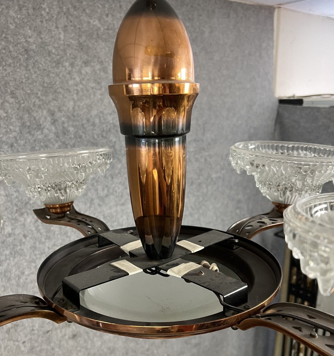 Large Art Deco Period Chandelier In Copper Brass And Molded Pressed Glass -photo-2