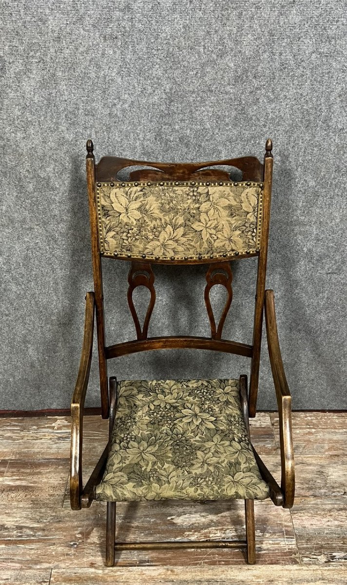 Rare Fauteuil Pliant époque Art Nouveau En Bois Teinté -photo-1