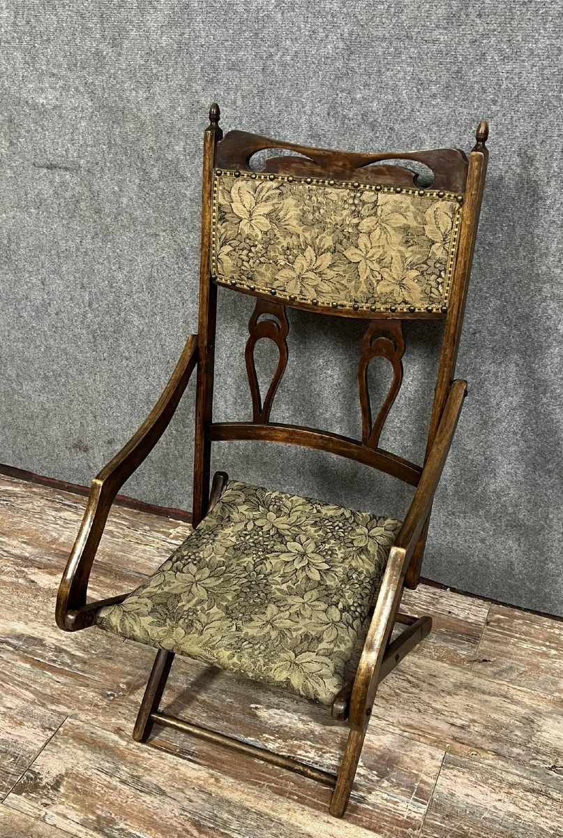 Rare Fauteuil Pliant époque Art Nouveau En Bois Teinté -photo-3